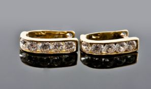 Pair Of 9ct Gold Hoop Earrings, Set With Round Clear CZ Stones, Channel Set. Fully Hallmarked.