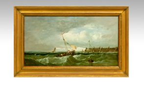 W H Williamson (exhibited between 1853-1975). Boat off a Jetty. Oil Canvas 12 by 22 inches.