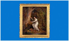 Victorian Framed Oil Painting of a Lady in a Wood carving her initials on a tree. c 1860. Unsigned.