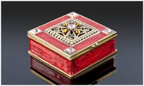 Red Enamelled Hinged Box, The Pierced Top Set With Coloured Stones. 60mm Square