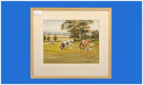 Early 20th Century Watercolour Cattle and Horses in Pasture/Medow. Monogrammed to lower right of