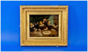 Framed Primitive Oil on Panel `Men playing Dice`. Early Nineteenth Century. 7.5 by 6 inches.