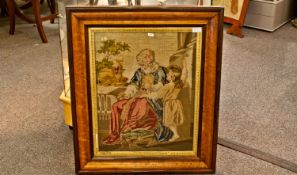 Fine Woolwork Of Eli & Samuel In A Garden Setting, in a Maple frame. 26x32``. Circa 1860/80