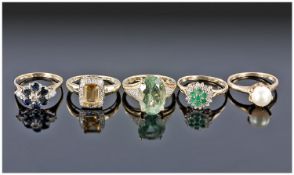 Collection Of Five 9ct Gold Dress Rings, Set With Sapphire, Diamonds, Citrine, Pearls etc All Fully