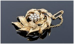 9ct Gold Diamond Brooch, Stylised Leaf Design Set With A Central Cluster Of Nine Round Modern