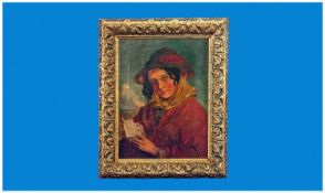 Victorian Painting on canvas  `Fortune Telling Traveller `. Gilt frame.