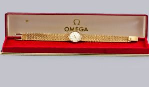Ladies 9ct Gold Omega Wristwatch, Silvered Dial With Gilt Batons And Hands, Manual Wind Movement