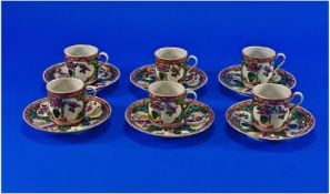 Set of Six Chinese Coffee Cans and Saucers, hand painted, two pairs of opposing scenes surrounding