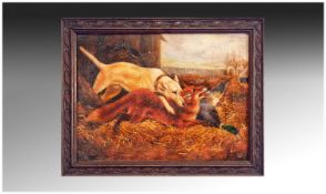 Hunting Interest. Victorian Framed Oil on Board, `Dog Attacking a Fox.`