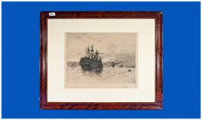Holloway Framed Etching, Possibly Nelson`s Flag Ship `The Victory`. Signed and dated lower right.