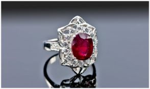 Ruby And White Sapphire Sterling Silver Ring,Oval Cut Ruby Approx 4.00ct, Stamped 925, Size P½