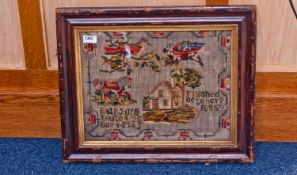 1885 Framed Wool Sampler, House, Birds And Horse + Text Dated 1885. 12½ x 16½ Inches.