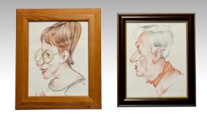 Pair of Portrait Caricatures in Pastel. Anne Robinson & Denis Norden. Both 9 1/2`` x 7 1/2``. Good
