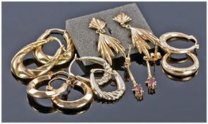 Ladies Collection of 9ct Gold Earrings, 6 pairs in total. Various designs, mostly hoops. 6.5 grams.