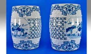 Chinese Blue and White Ceramic Garden Seat featuring cranes, flowers and peonies.