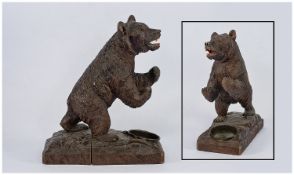 Black Forest Carved Wood Rearing Bear, open mouth with painted interior and carved teeth, glass