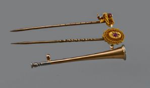 Two 15ct Gold Stick Pins, Complete With Boxes Together With a Hunting Horn Brooch, Missing Pin.