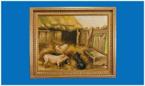 Oil on Panel `Pig Stye`. Unsigned and Framed. 19 by 16 inches.