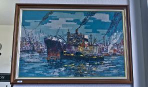 Modern Abstract Oil Painting of Ships in the Pool of London. Dated 1964, indistinctly signed. Size