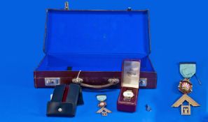 Brown Leather Masonic Case, Together With A Bernex Quartz Masonic Wristwatch And A Silver Enamelled