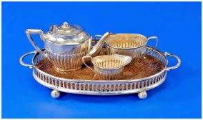 Edwardian Miniature Silver 3 Piece Tea Set with two handled gallery tray. Hallmark Birmingham 1905.