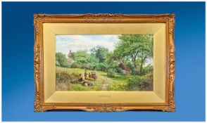 George Shalders 1826 - 1873 `The Picnic` Watercolour, signed. 11 x 19.5 inches, mounted and framed