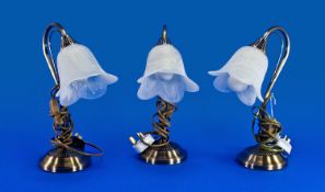 Set of Three Brass Effect Table/Desk Lamps with glass tulip shaped shades.