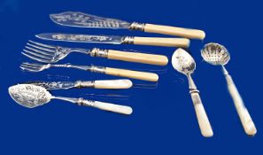 Bag Containing a Silver Plated Serving Knife, Fork and Steak Knife, all with silver bands,