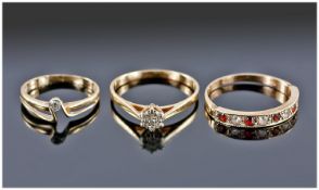 Three 9ct Gold Rings, One Set With Seven Small Round Diamonds, Two Fully Hallmarked.