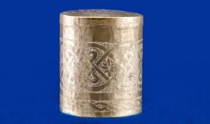 A Hand Crafted Nigerian Silver Canister Shape Box with Pull-Off Lid. Decorated with incised knot