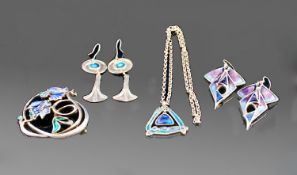 Collection Of Silver Enamelled Jewellery, Comprising Two Pairs Of Earrings, Brooch And Pendant And