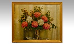 A Fine Quality Floral Oil Painting Of Crysanthemums In A Vase by listed artist A L Grace. 30x24``
