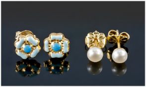 Two Pairs Of 18ct Gold Stud Earrings One Pair Set With Seed Pearls The Other Enamelled Flower Head.