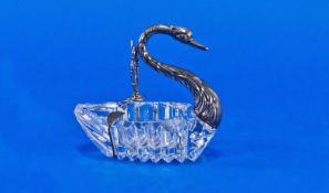 Small Silver and Glass Ashtray, in the form of a swan, the neck in white metal, with cut glass body
