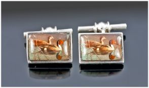 Gents Silver Cufflinks, With Rectangular Enamelled Fronts Showing Ducks On A River.