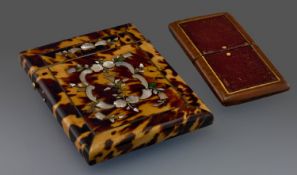 19thC Blonde Tortoise Shell Card Case, The Front, Back And Hinged Lid With Mother Of Pearl Floral