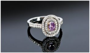 Fancy Coloured Pink-Purple Diamond Ring, Central Oval Brilliant Cut Pink-Purple Diamond, Surrounded