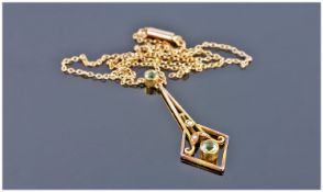 9ct Gold Edwardian Pendant Set With Green Peridot Coloured Stones And Seed Pearls, Suspended On A