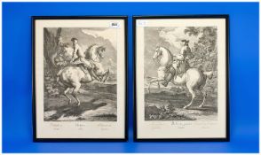 Pair of French Etchings of Men on Horseback, 17 by 14 inches.