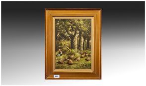 Painting on Panel `Shepherd with Sheep on Woody Landscape`, Unsigned and framed in gilt frame. c