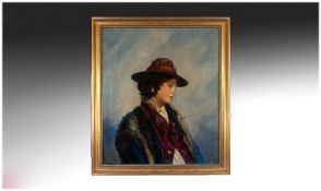 Mary L Gow, (British 1851-1929) Portrait of a young man in a red hat. 23 1/2 inches x 19 1/2 inches