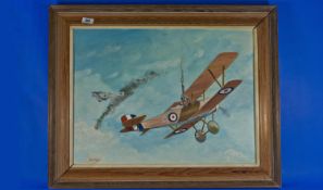 Oil Painting Of WW1 B1 Plane In Action. Painted on board. Signed lower right. Based on a picture by