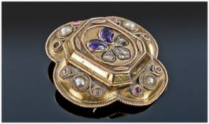 19thC Pressed Gold Brooch, With Two Central Amethyst Cabochons Above Small Rose Cut Diamonds Within