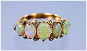 Antique 18ct Gold Set Opal & Diamond Ring. The Five Opals Interspaced With Old Cut Diamonds.