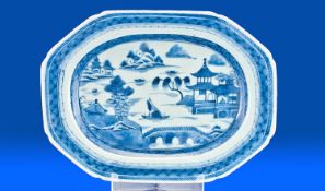 A Late Eighteenth Century Blue and White Nanking oblong shaped plate, depicting a bridge and formal