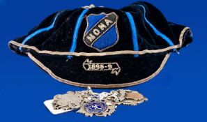 Isle Of Man, Manx Football Rugby Interest Comprising Blue Velvet, Wire Embroidered Cap And Three