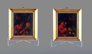 Pair of Dutch Oil Paintings On Oak Panels, In the style of David Teniers. Both depicting tavern