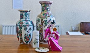A Collection of Oriental Items, comprising two vases with flower and bird design on white ground,