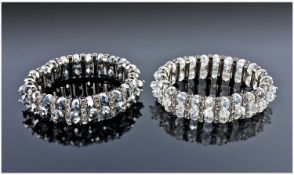 Set of Two Opulent Crystal and Faceted Glass Bracelets, one with a double row of silvered black,
