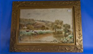 Pair Of Large Watercolours Of River Landscapes With Cattle, B E.J Duval, signed. 21x31`` In unusual
